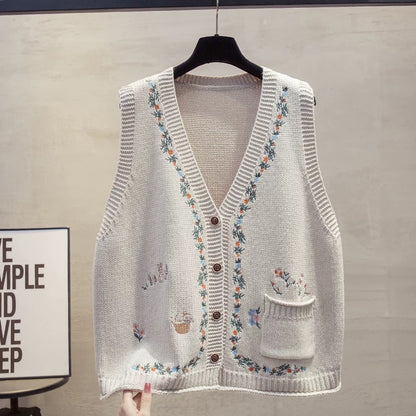 Embroidered cardigan v-neck knitted vest vest women 2025 autumn and winter new loose outer wear vest sweater waistcoat trend