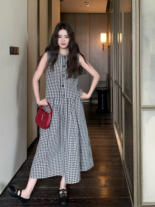 Black and white plaid suit skirt women summer 2025 new Korean style simple sleeveless vest top skirt two-piece suit