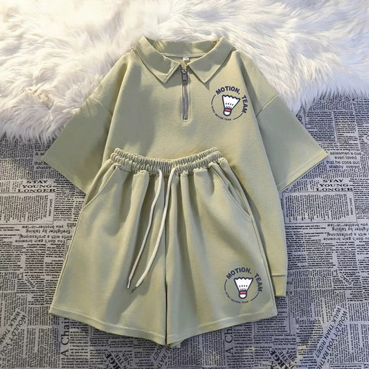 Casual sports style suit female student morning running suit 2025 summer salt-line short-sleeved shorts small two-piece suit
