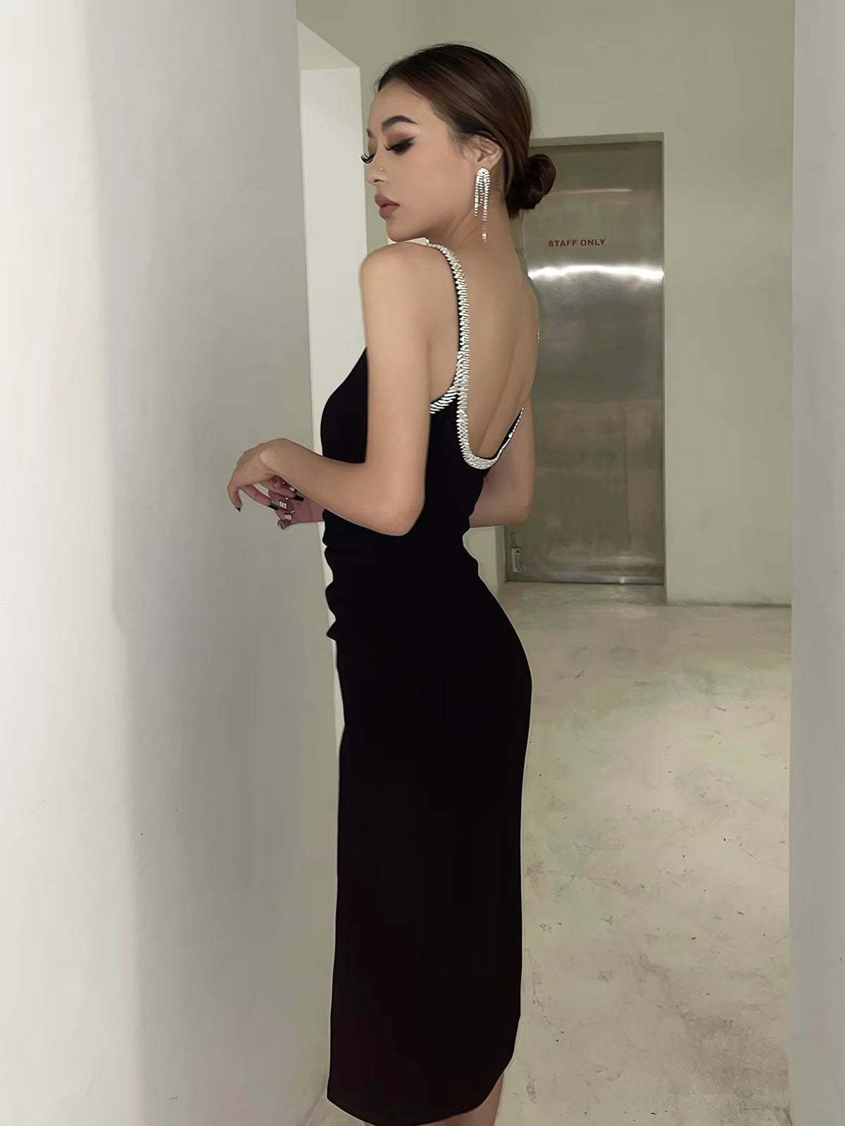 Women's Black Glittery Slim-Fit Sexy Camisole Dress – Backless, Sophisticated, and Glamorous – Perfect for Annual Galas and Parties