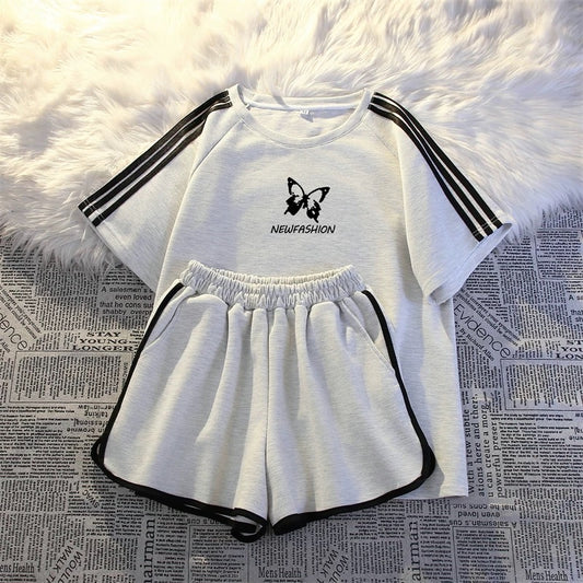 Sports casual two-piece suit for women summer 2025 new Korean loose student three-bar running short-sleeved shorts