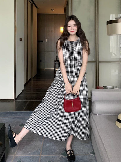 Black and white plaid suit skirt women summer 2025 new Korean style simple sleeveless vest top skirt two-piece suit