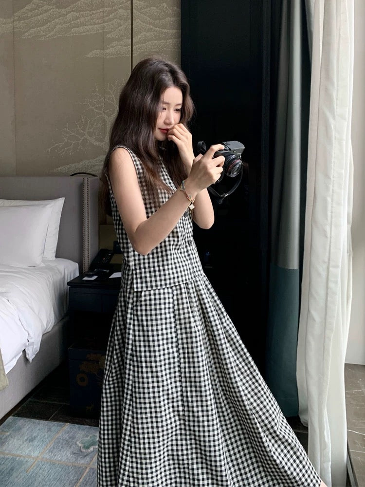 Black and white plaid suit skirt women summer 2025 new Korean style simple sleeveless vest top skirt two-piece suit