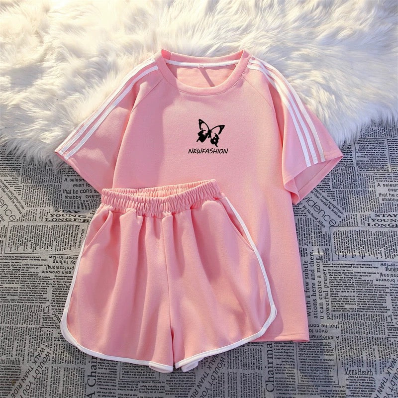 Sports casual two-piece suit for women summer 2025 new Korean loose student three-bar running short-sleeved shorts
