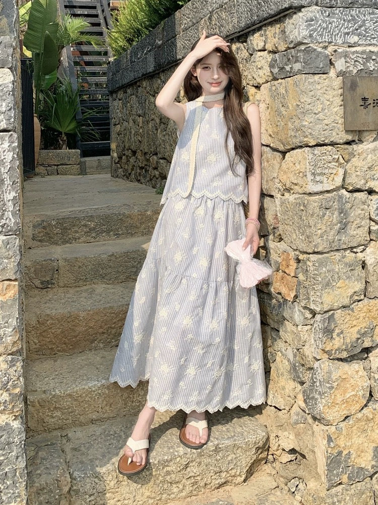 Chic and beautiful light blue striped embroidered suit skirt for women 2025 summer sweet sleeveless top skirt two-piece suit