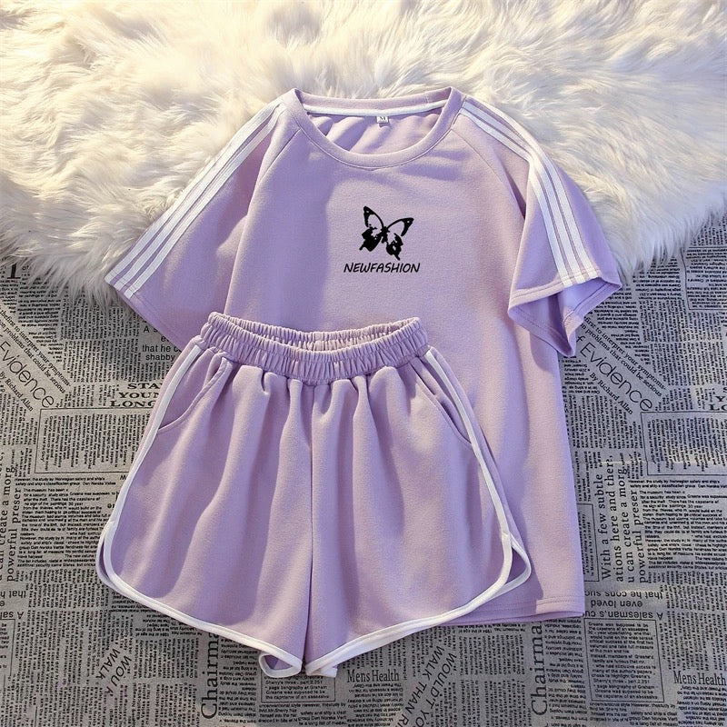 Sports casual two-piece suit for women summer 2025 new Korean loose student three-bar running short-sleeved shorts