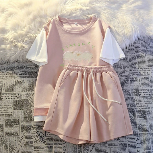 Casual sportswear fake two-piece suit 2024 summer new female student salt loose small size tall and thin