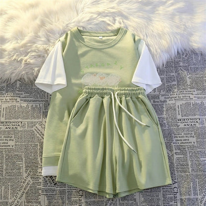Casual sportswear fake two-piece suit 2024 summer new female student salt loose small size tall and thin