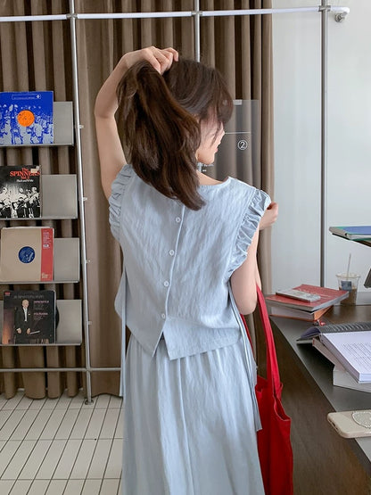 Playful and lively age-reducing blue suit skirt for women 2025 summer new sleeveless vest top skirt two-piece suit