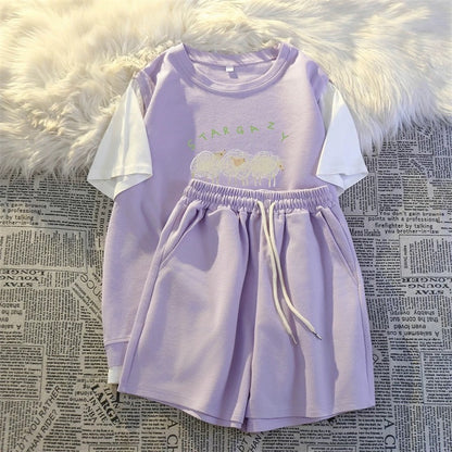Casual sportswear fake two-piece suit 2024 summer new female student salt loose small size tall and thin