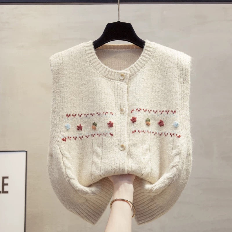 Handmade flower cardigan round neck knitted vest vest women 2025 autumn and winter new loose vest outer wear sweater waistcoat