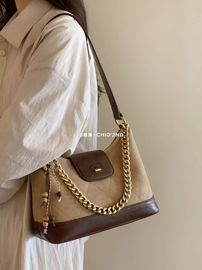 Chio2nd Charming Brown Tote Bag for Women, Autumn/Winter, Diamond Pattern Commuter Bag, Versatile Shoulder/Crossbody Bag