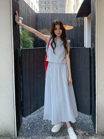 Playful and lively age-reducing blue suit skirt for women 2025 summer new sleeveless vest top skirt two-piece suit