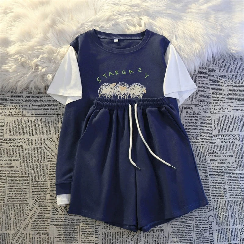 Casual sportswear fake two-piece suit 2024 summer new female student salt loose small size tall and thin