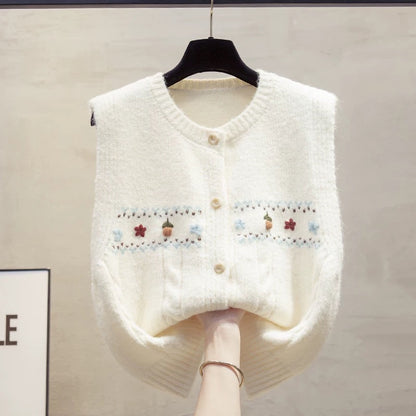 Handmade flower cardigan round neck knitted vest vest women 2025 autumn and winter new loose vest outer wear sweater waistcoat