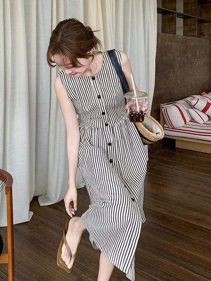 Simple and generous vertical stripes waist slimming sleeveless dress female 2025 summer Korean style single-breasted vest dress