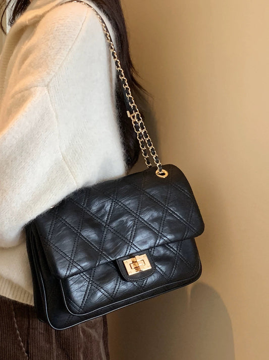 Chio2nd Copenhagen Theatre Chain Bag for Women, Oil-waxed Leather Messenger Bag, Vintage Quilted Shoulder/Crossbody Bag