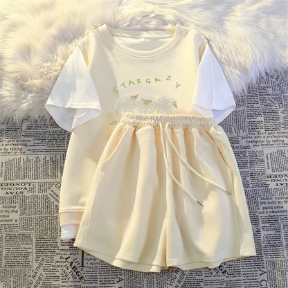 Casual sportswear fake two-piece suit 2024 summer new female student salt loose small size tall and thin