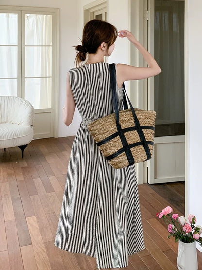 Simple and generous vertical stripes waist slimming sleeveless dress female 2025 summer Korean style single-breasted vest dress