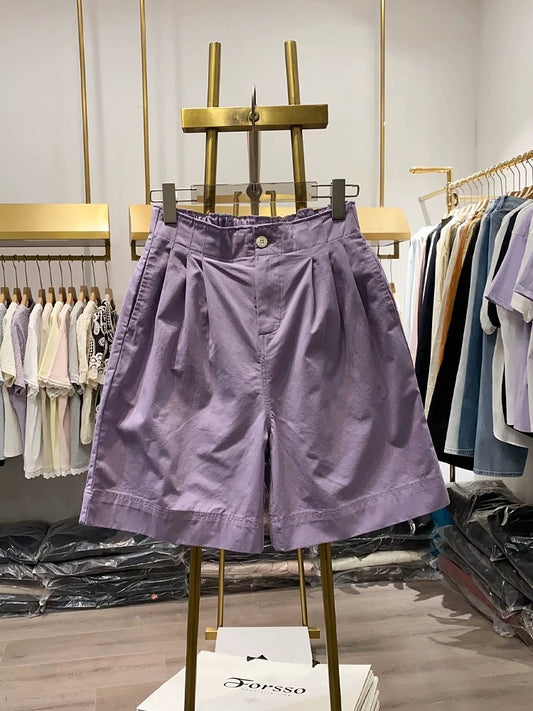 [Xiao Ai's Stall Photos] Solid Color Casual Shorts Women's Summer Loose Lace Waist Shorts Versatile Commuter Pants