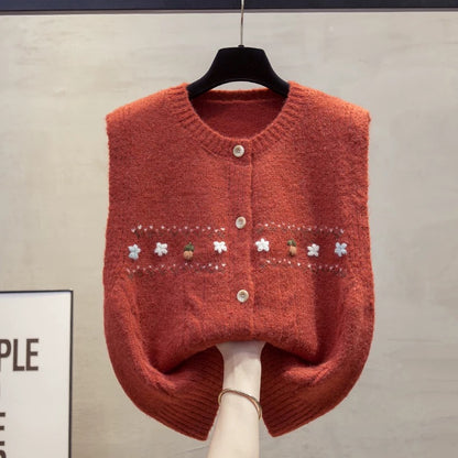 Handmade flower cardigan round neck knitted vest vest women 2025 autumn and winter new loose vest outer wear sweater waistcoat