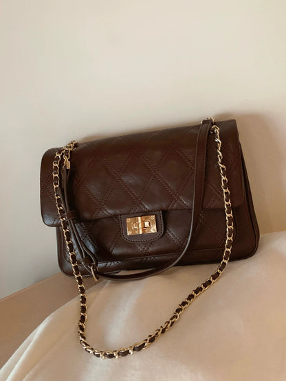 Chio2nd Copenhagen Theatre Chain Bag for Women, Oil-waxed Leather Messenger Bag, Vintage Quilted Shoulder/Crossbody Bag