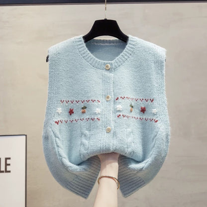 Handmade flower cardigan round neck knitted vest vest women 2025 autumn and winter new loose vest outer wear sweater waistcoat