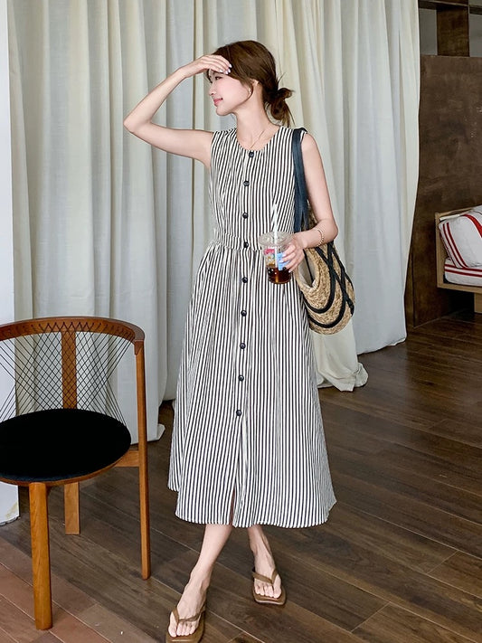 Simple and generous vertical stripes waist slimming sleeveless dress female 2025 summer Korean style single-breasted vest dress