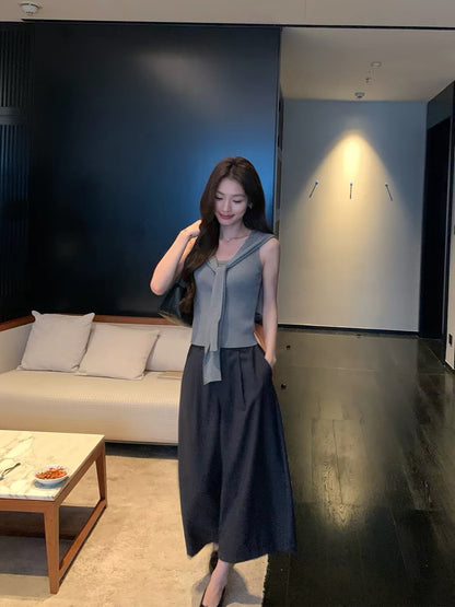 pusumede Relaxed-Fit Grey High-Waisted Wide-Leg Trousers – Loose, Slimming, Drapey Cropped Casual Pants for Women