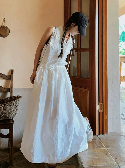 White light mature style workwear sleeveless dress female 2025 summer new high-end waist tie ankle long skirt