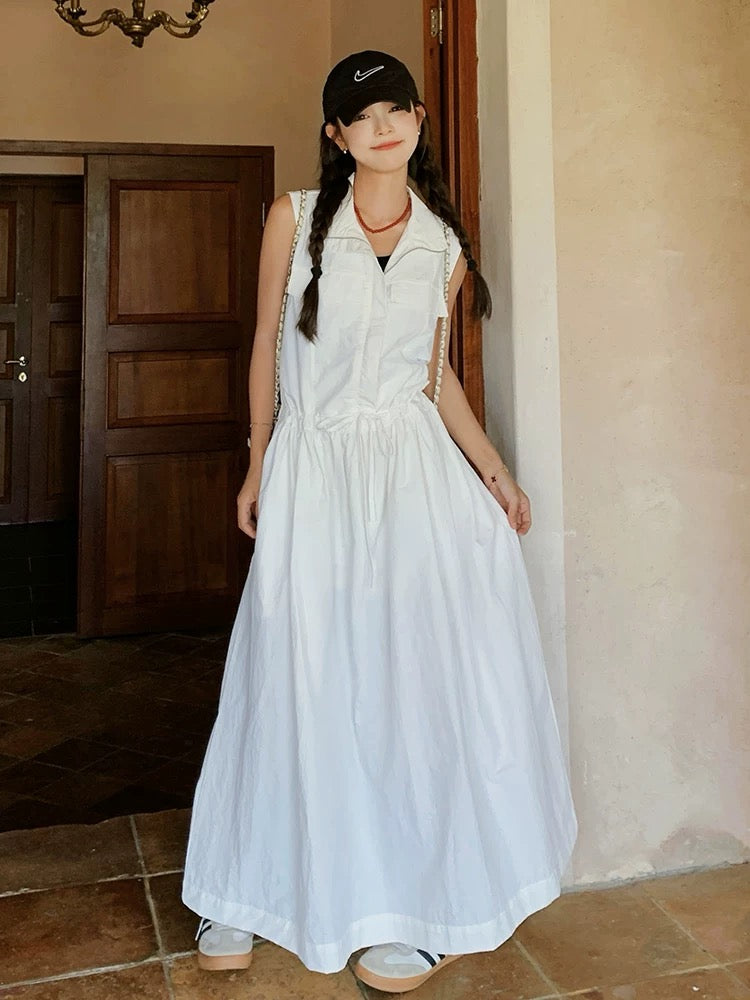 White light mature style workwear sleeveless dress female 2025 summer new high-end waist tie ankle long skirt