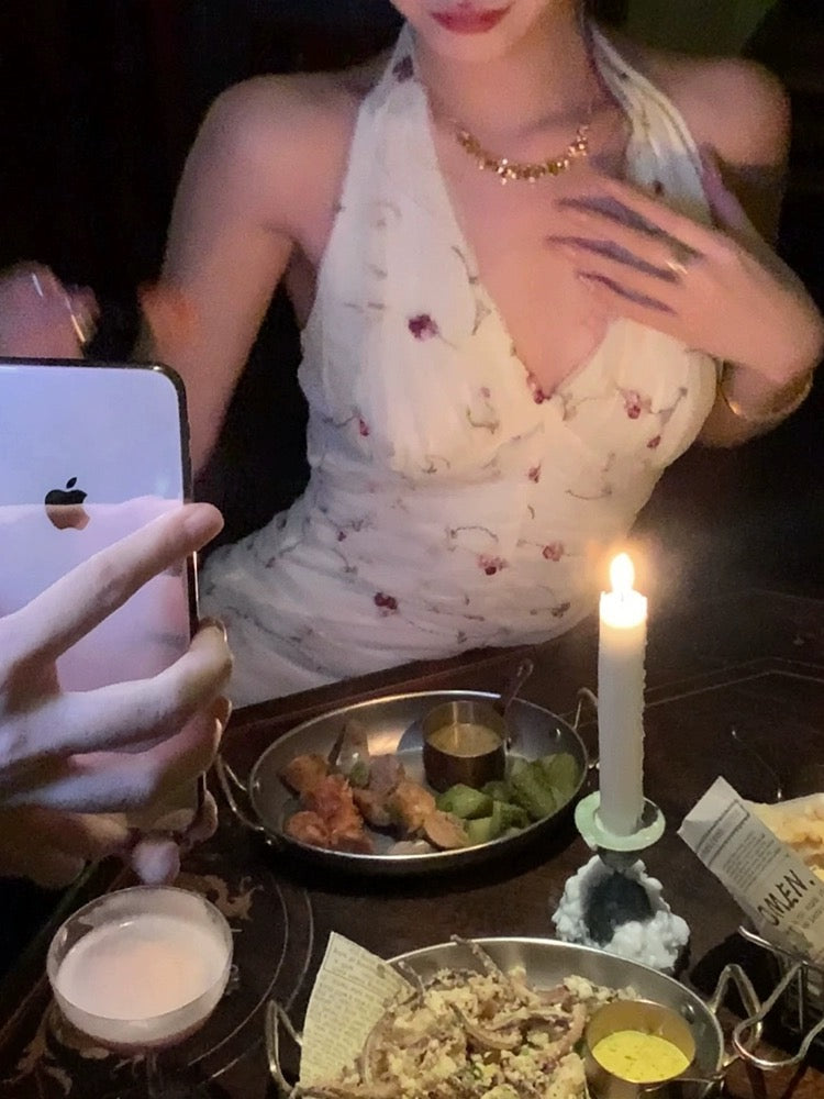 Aunt Barbie holiday style halterneck dress for women summer new backless floral hottie hip-hugging flower suspender skirt