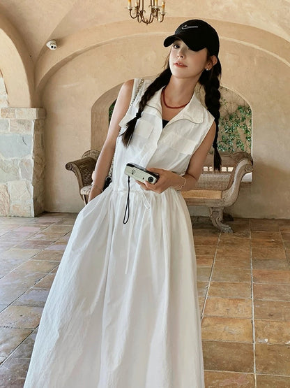 White light mature style workwear sleeveless dress female 2025 summer new high-end waist tie ankle long skirt