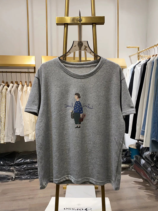 [Xiao Ai's Shop Photos] Korean Style Sweet, Simple, Casual Printed Short-Sleeve Top - New Summer Style, Loose Fit, Versatile