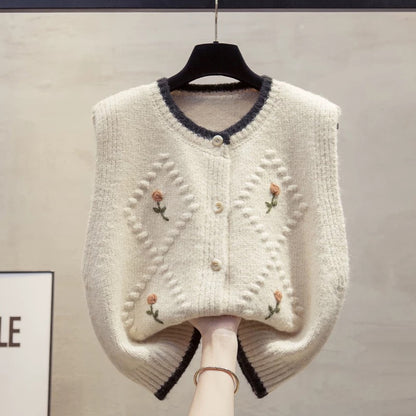 Handmade flower cardigan knitted vest vest women 2025 autumn and winter new loose outer wear vest layered sweater waistcoat