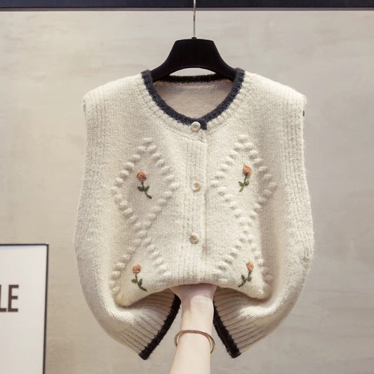 Handmade flower cardigan knitted vest vest women 2025 autumn and winter new loose outer wear vest layered sweater waistcoat