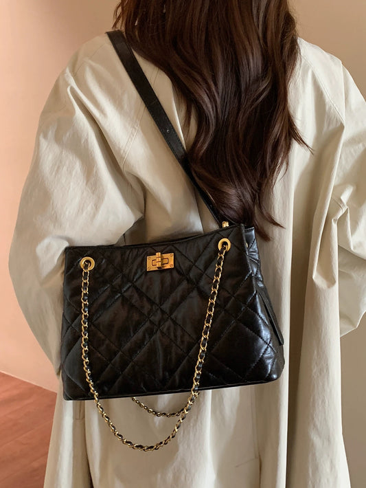 Chio2nd Shine Paris Tote Bag for Women - Dark Chanel Style Quilted Bag, Elegant Shoulder Bag