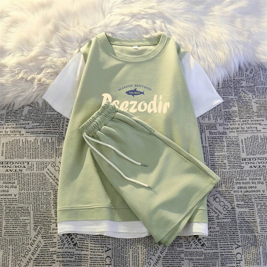 Fake two-piece casual sportswear suit for women summer 2025 new thin style small student running short-sleeved shorts
