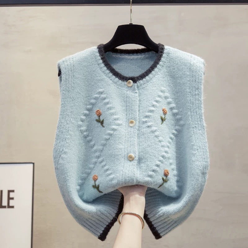 Handmade flower cardigan knitted vest vest women 2025 autumn and winter new loose outer wear vest layered sweater waistcoat