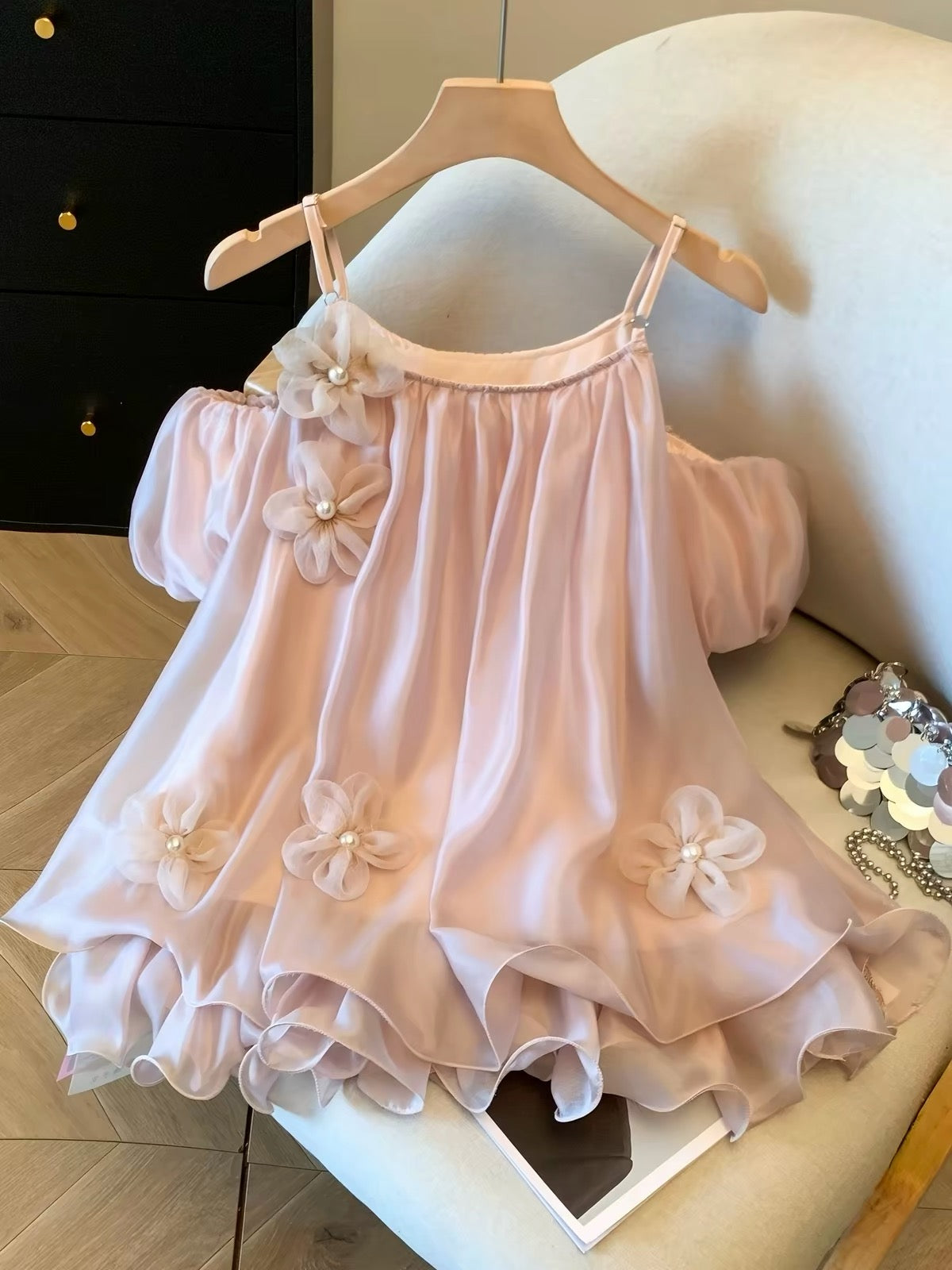 Women's summer off-shoulder chiffon camisole—a chic, youthful, and ethereal top featuring 3D floral details that blends a soft, innocent allure with a touch of sexiness