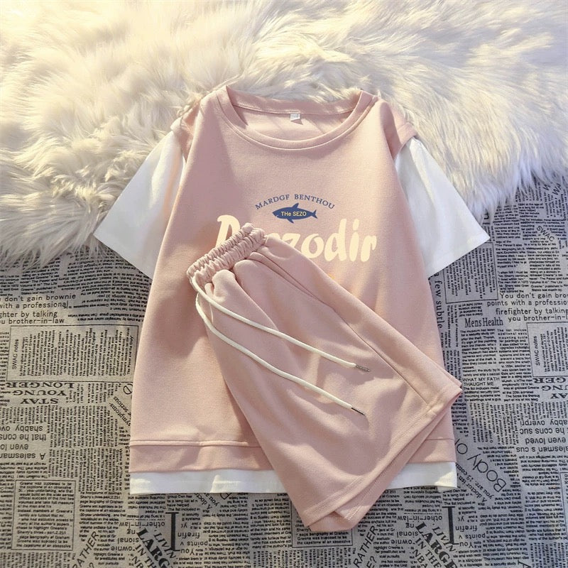 Fake two-piece casual sportswear suit for women summer 2025 new thin style small student running short-sleeved shorts