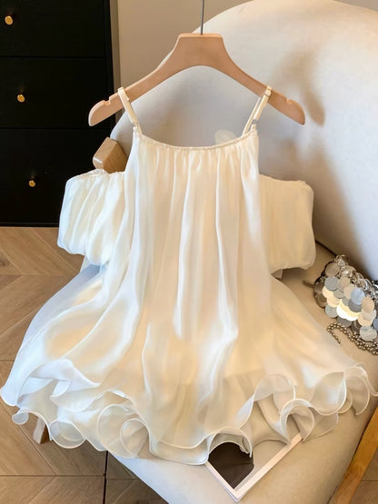 Women's summer off-shoulder chiffon camisole—a chic, youthful, and ethereal top featuring 3D floral details that blends a soft, innocent allure with a touch of sexiness