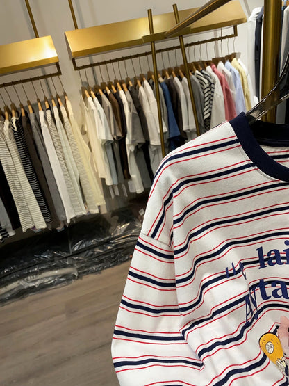 [Xiao Ai's Stall Photos] Cute Pig Cartoon Striped Short-Sleeve T-Shirt, Women's Summer Lace Patchwork Top