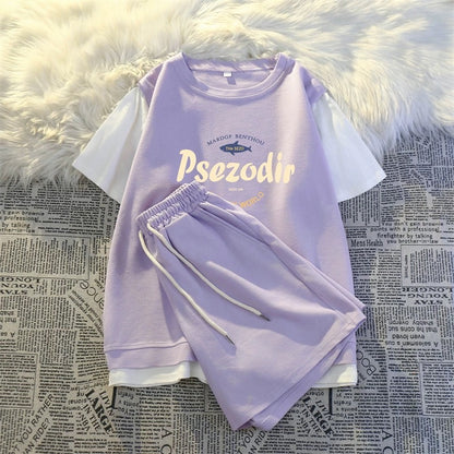 Fake two-piece casual sportswear suit for women summer 2025 new thin style small student running short-sleeved shorts