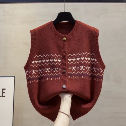 Cardigan round neck knitted vest vest women 2025 autumn and winter new loose outer wear vest layered sweater waistcoat trend