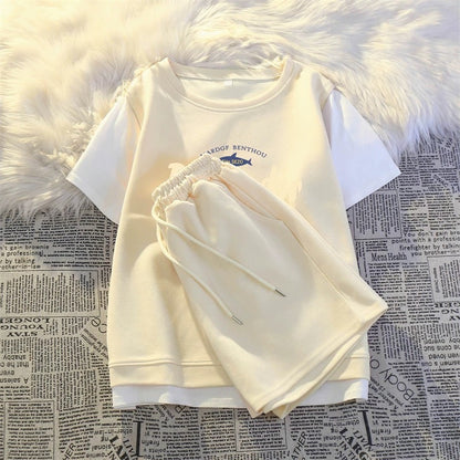Fake two-piece casual sportswear suit for women summer 2025 new thin style small student running short-sleeved shorts