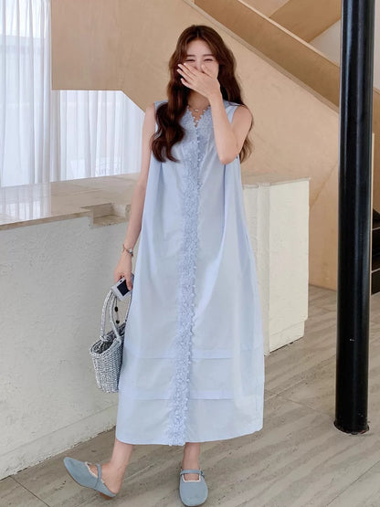 Celebrity temperament light blue heavy lace dress female 2025 summer French style high-end sleeveless vest dress