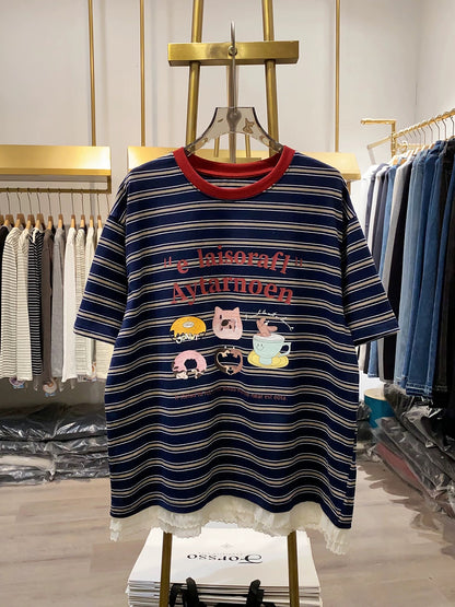 [Xiao Ai's Stall Photos] Cute Pig Cartoon Striped Short-Sleeve T-Shirt, Women's Summer Lace Patchwork Top