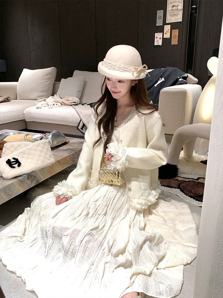 Acaine Apricot Long Fitted Waist Spaghetti Strap Dress for Women, Winter French Retro Style Heavy-Duty Dress