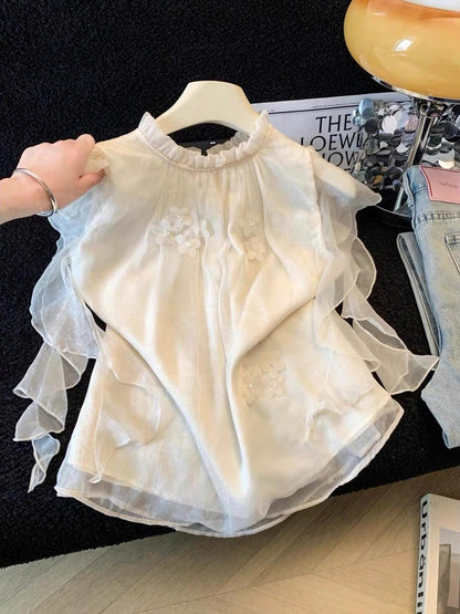 Guangzhou Shisanhang Women's Fashion – Short-Sleeve Chiffon Blouse with a Stylish Stand Collar – Soft Summer Top with Asymmetrical Ruffles